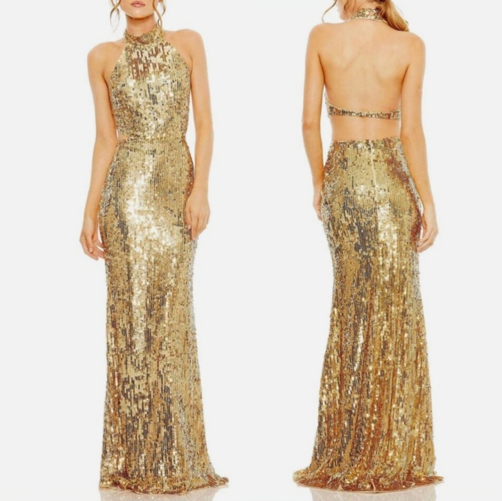 Mac Duggal M Open Back High Neck Sequin Gown Gold